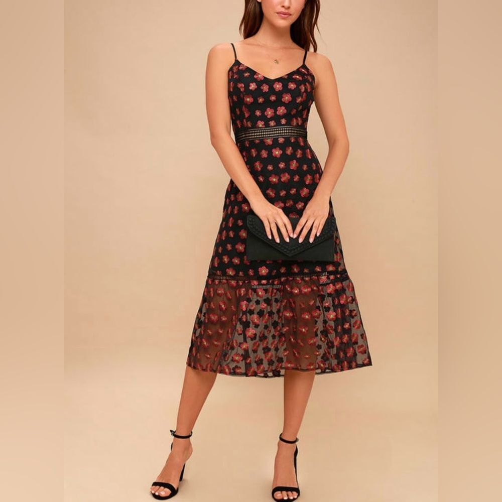 Jack by BB Dakota Magic Hour Black Embroidered Midi Dress Size 8